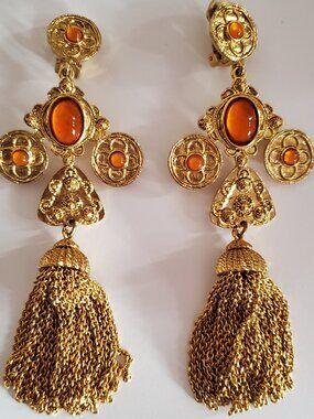 Oscar de la Renta Rare Orange Cabochon Tassel Earrings signed